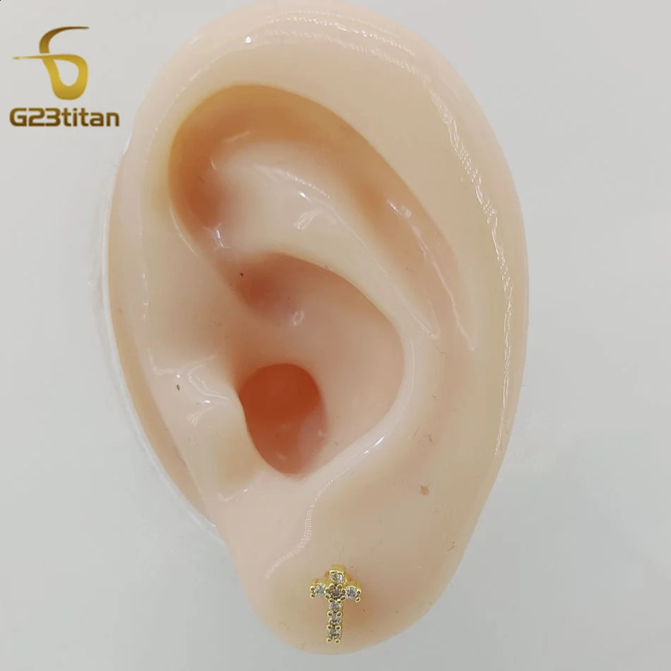 G23titan 1pc Shiny Zircon Gold Silver Color Studs Ear For Women Geometric Cross Earrings Cartilage Tragus Piercing Ear Jewelry 250521