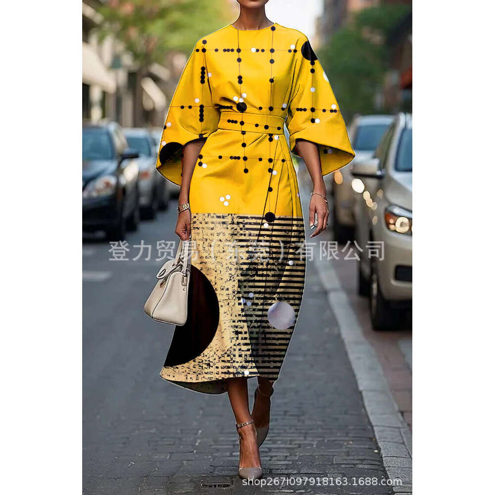 2025 Seven Cent Bat Sleeve Long Dress Abstract Irregular Art Elements Digital Printing