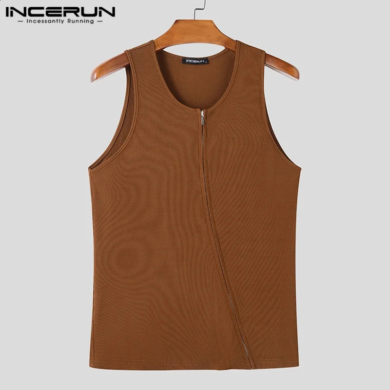 Men Tank Tops Solid Color Knitted Zipper Sleeveless Male Vests Summer Streetwear Skinny Fashion Men Clothing S-3XL INCERUN 250519CJ