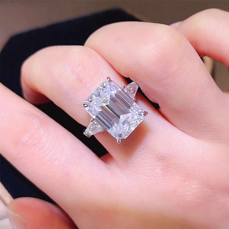 bxiny 5 10ct emerald cut all moissanite rings s925 silver baguette 3stone diamond women men gra certified wedding bands jewelry