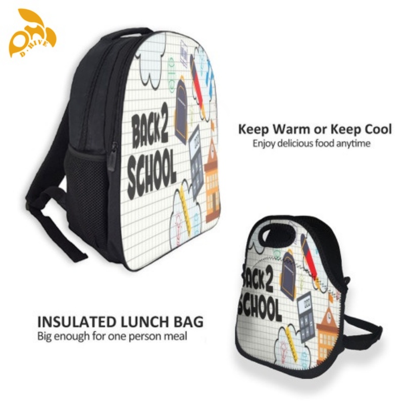 Free delivery. Top fashion designers customize lightweight high-quality white black double-layer schoolbags and meal bag sets.