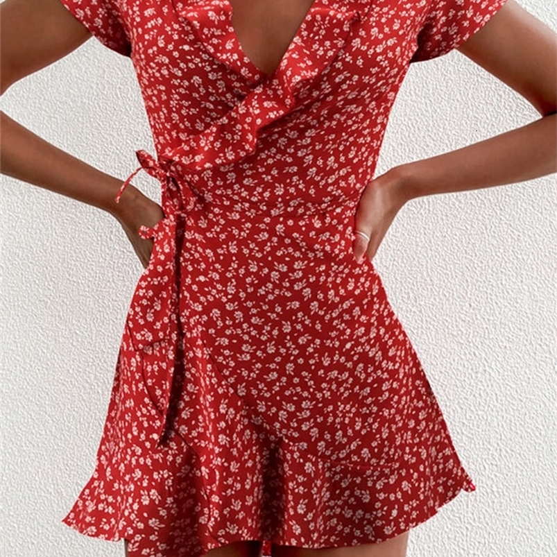 Summer Women's Floal A-Line Dress Sweet Elegant Floral Ruffles V-neck Bandage Short Dress for Lady Chic Flowers Mini Dress250522
