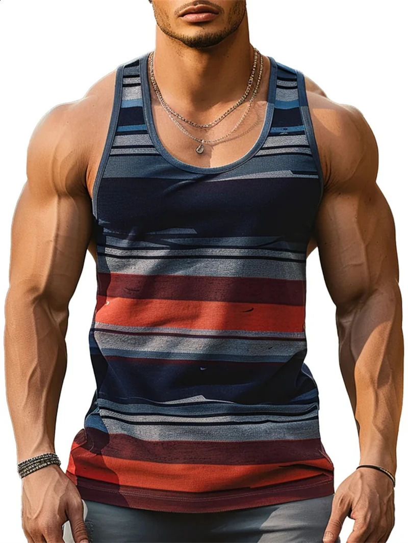 Retro Striped Graphic Tank Tops For Men Fashion Casual Summer Sleeveless 3D Printed Vest Loose Crew Neck Quick Dry Sports Tees 250519