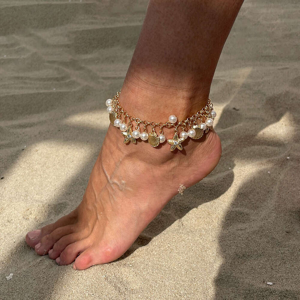 Layered Starfish Pearl Anklet Adjustable Beach Foot Jewelry with Metallic Seashell Charm Gold and White