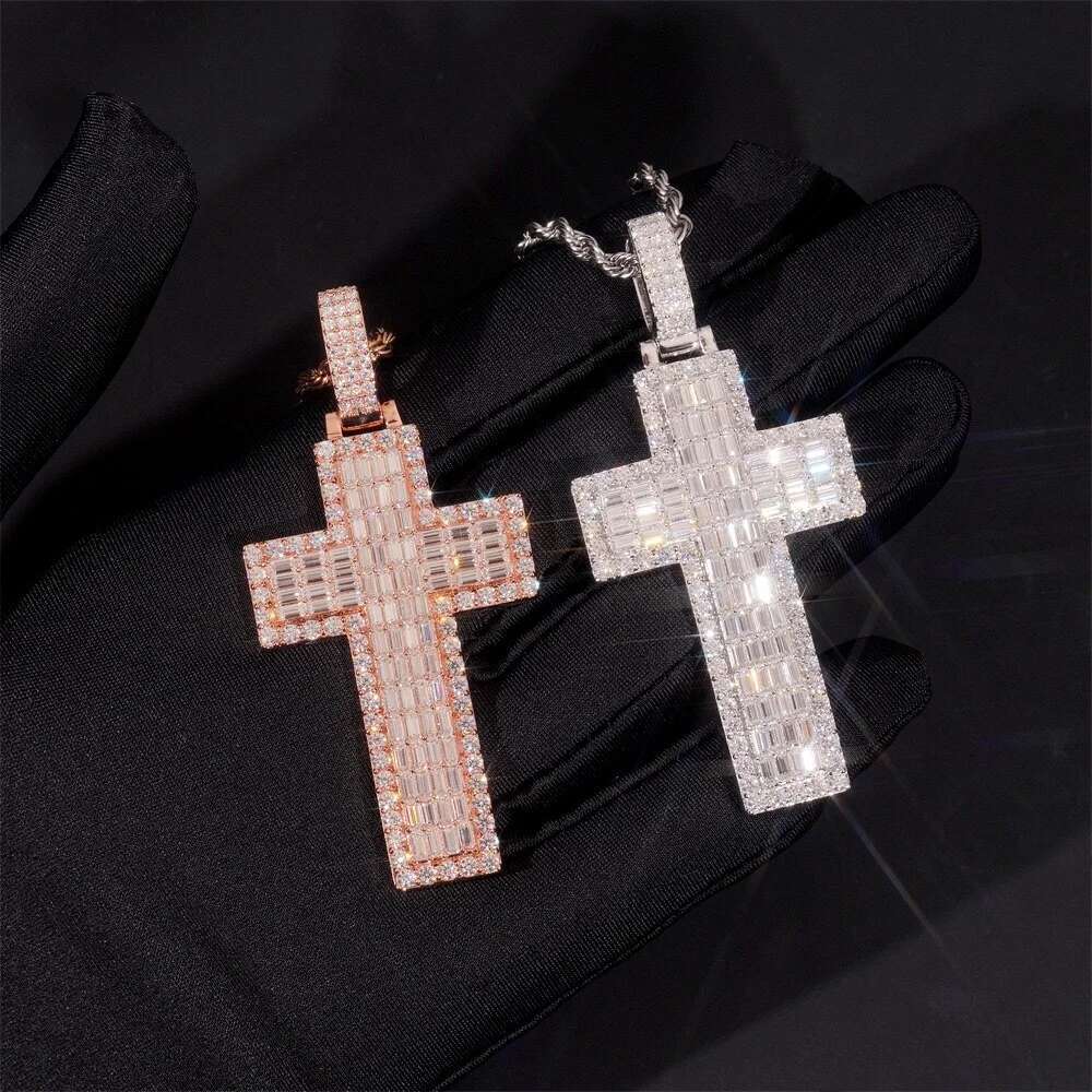 Hiphop Iced Out D Color Baguette Cut Moissanite Cross Pendant 925 Sterling Silver Religious Cuban Pendant Pass Diamond Tester