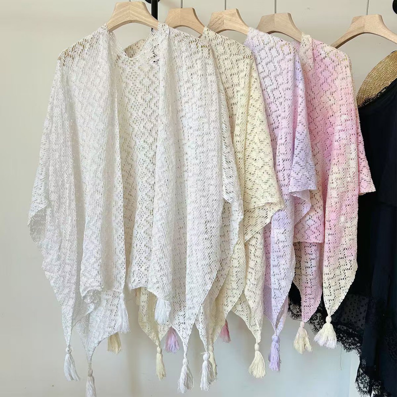 K789 Summer new 2025 all-match thin shawl women's knitted hollow tassel fashionable outer wear cheongsam white cloak trend