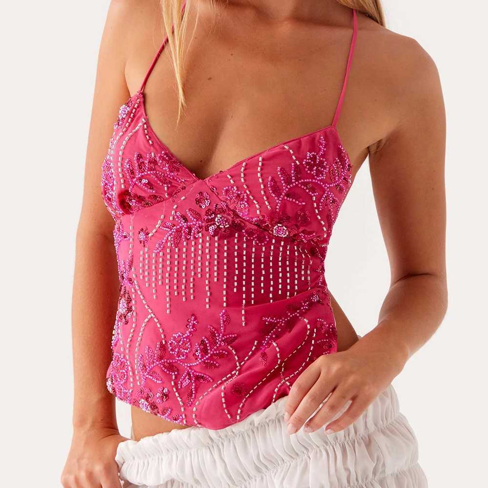 Womens Boho Sexy Sequin Sparkle Halter Crop Tops Sleeveless Backless Bandage Cami Tank Tops Y2k Coquette Camisole Club Party M250513