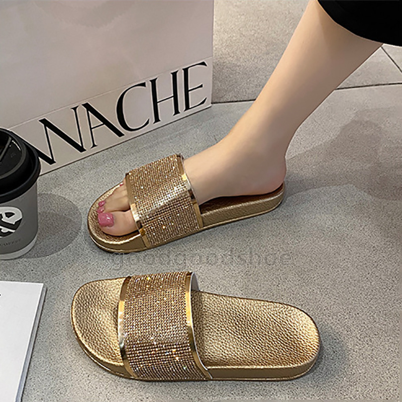 2025 designer sandals womens slides flash diamond slippers summer pool beach casual flat soft sliders outdoor indoor black rose gold silver non-slip c