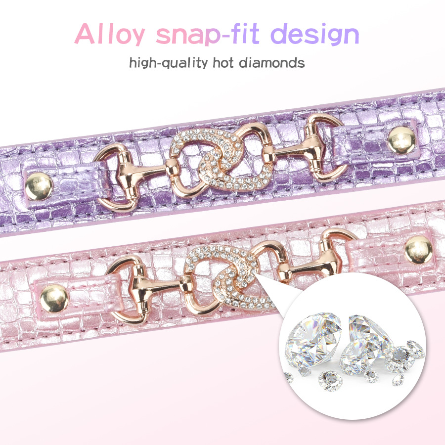 Luxury Unique Material Sparkle PU Leather Dog Collar, Adjustable Puppy Cat Collar with Rhinestone Heart Decoration for Small Medium Dogs S B118