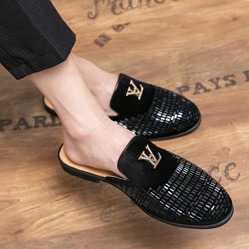 2025 Summer New Arrival Mens Shiny Diamond Casual Leather Shoes Simple Versatile Rhinestone Slip On Backless Large Sizes 38-48 Black White Free Shippi