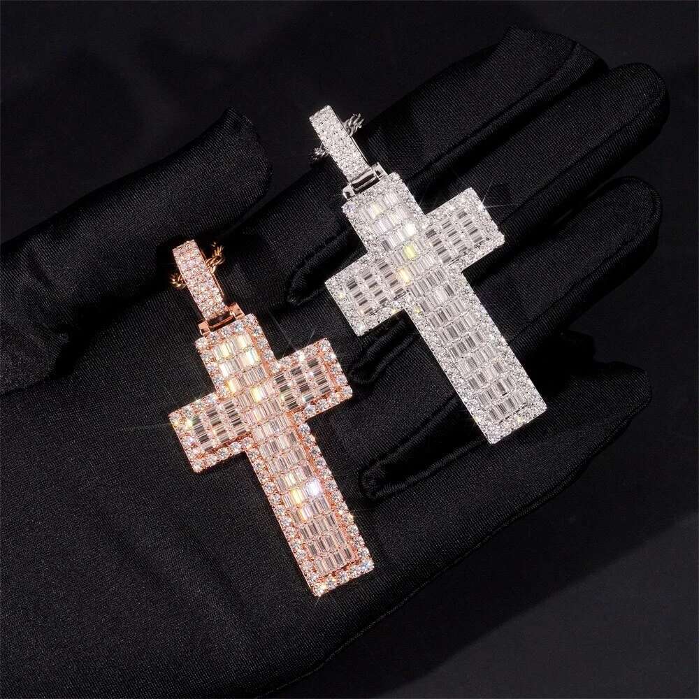 Hiphop Iced Out D Color Baguette Cut Moissanite Cross Pendant 925 Sterling Silver Religious Cuban Pendant Pass Diamond Tester