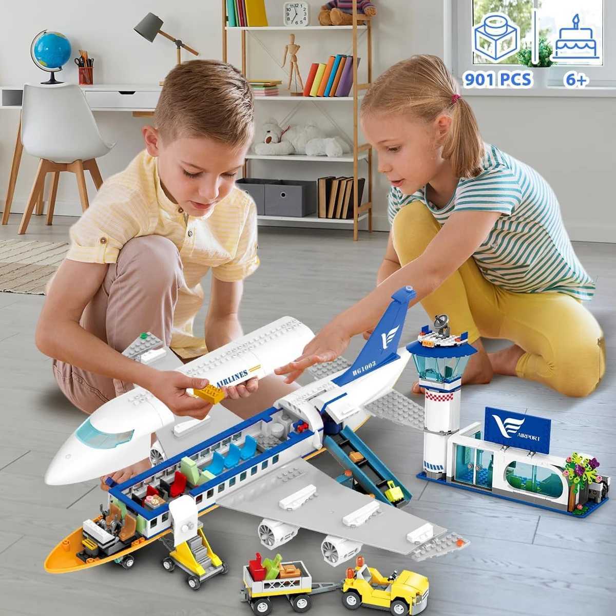 HOGOKIDS Airplane Building Set with LED Plane Building Blocks with Airport Terminal Luggage Trailer Toys Gifts for Kids Age 6+ W250522