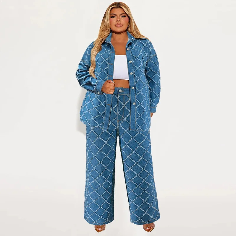 Wmstar Plus Size Denim Two Piece Set Fall Clothing Print Long Sleeve Tops Pants Matching Suits Wholesale Dropshopping 250516Z