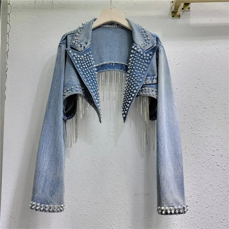 Rhinestone Beaded Tassels Rivets Denim Jacket Short Crystal Fringed Backless Jeans Coat Diamonds Cowboy Cardigan Sequins Tops 250522