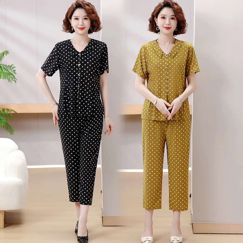Summer Leisure Ice Silk Set Indoor Comfortable Tshirtpants Natural Aesthetics Plus Size 2025 Loose Pajamas 250516Z