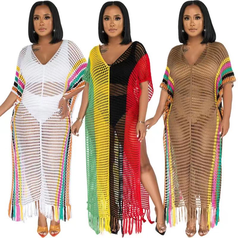Summer New Women's Long Dress Sexy Wool Knitted Hand Hook Fringe Spliced Color Beachwear
