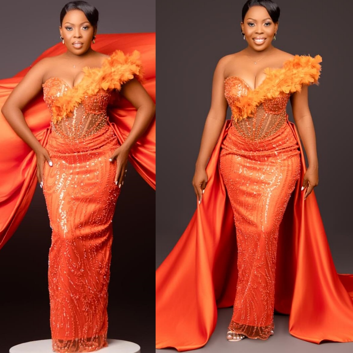 Orange Sheath Plus Size Prom Dresses 2025 Feather Sequined Detachable Train Evening Formal Party Second Birthday Engagement Gowns Dress For Special Oc