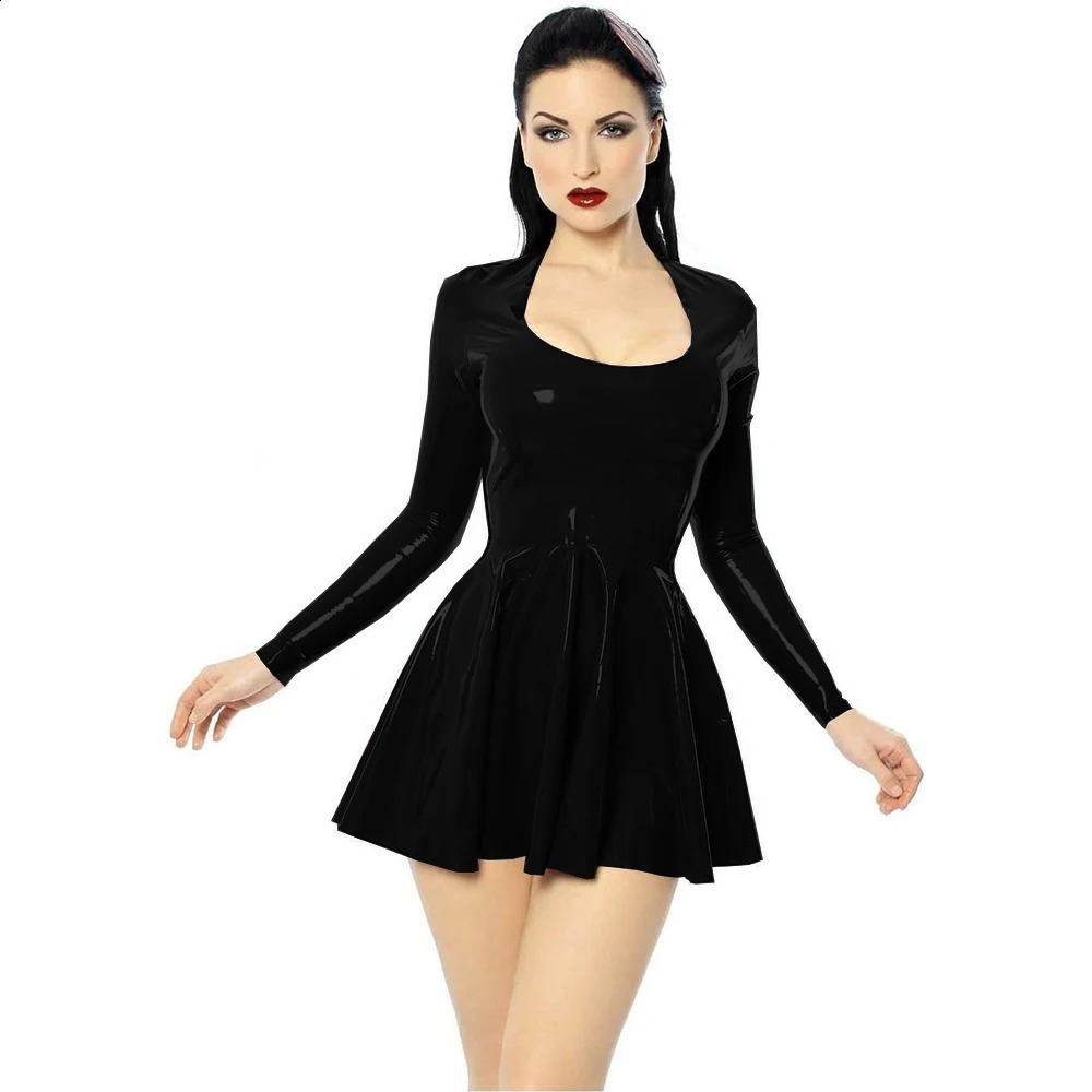 Plus Size Mini Dress A Line PVC U Neck Skater Short Dress Long Sleeve Bodycon Pleated Dresses Club Slim Leather Clothing 250521
