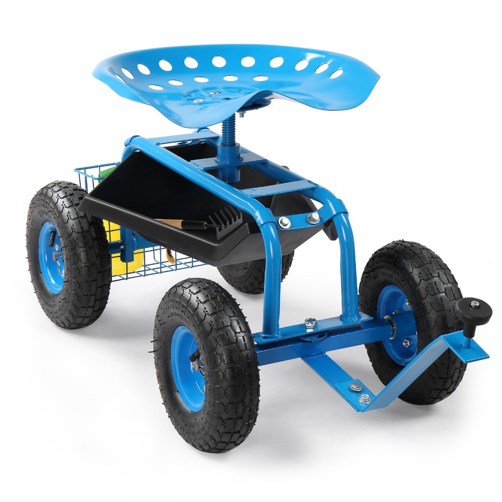 Rolling Garden Work Seat with Wheels, Gardening Stool for Planting, Garden Scooter with 360 Degree Swivel Seat , Steering Handle , Tool Tray, Blue
