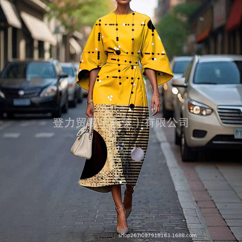 2025 Seven Cent Bat Sleeve Long Dress Abstract Irregular Art Elements Digital Printing