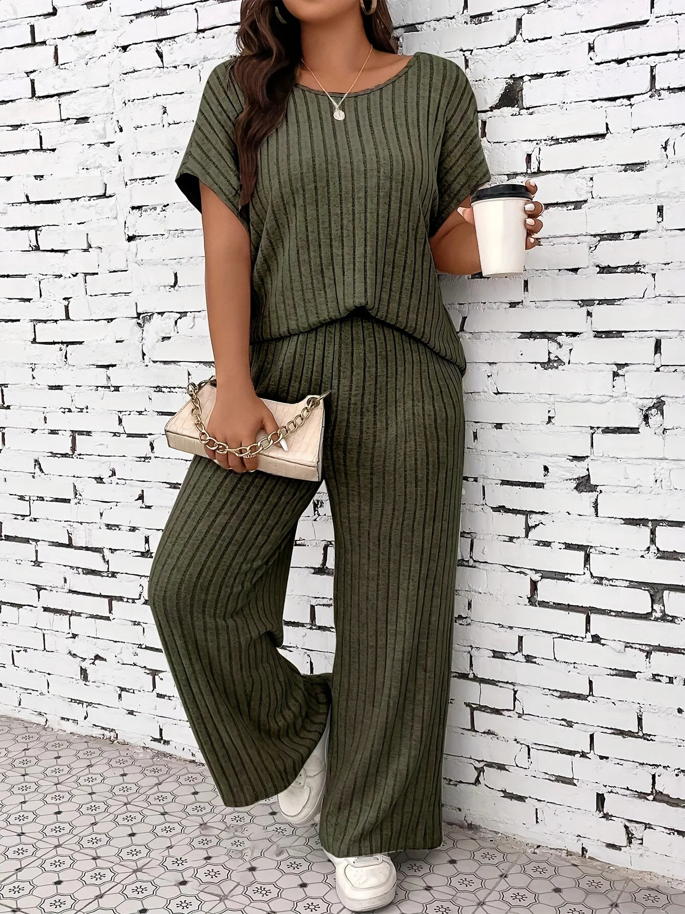 Plus Size Womens Casual TwoPiece Outfit Striped Top and WideLeg Pants Set Comfortable Lounge Wear 250516Z