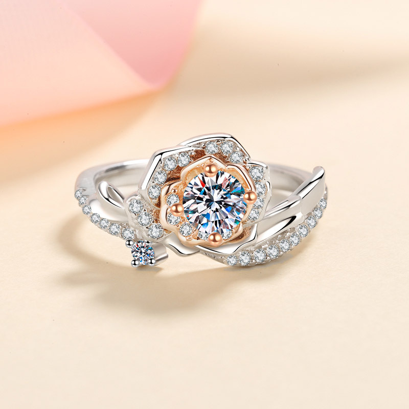 925 Sterling Silver Rose Gold Moissanite Ring, Floral Design with Diamond Accents, Elegant Engagement or Wedding Ring for Women