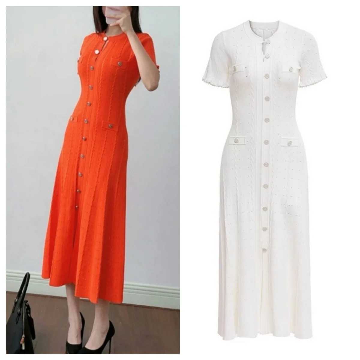 French Elegant Summer Solid Round Neck Short Sleeved Office Lady Knitted Dress Women Korean Single Breasted Long Dress Fashion M250522
