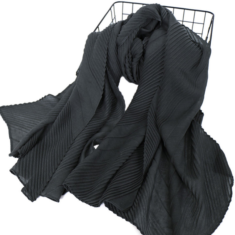 K788 Summer new solid color cotton and linen large and small pleated scarf high quality solid color wrinkled