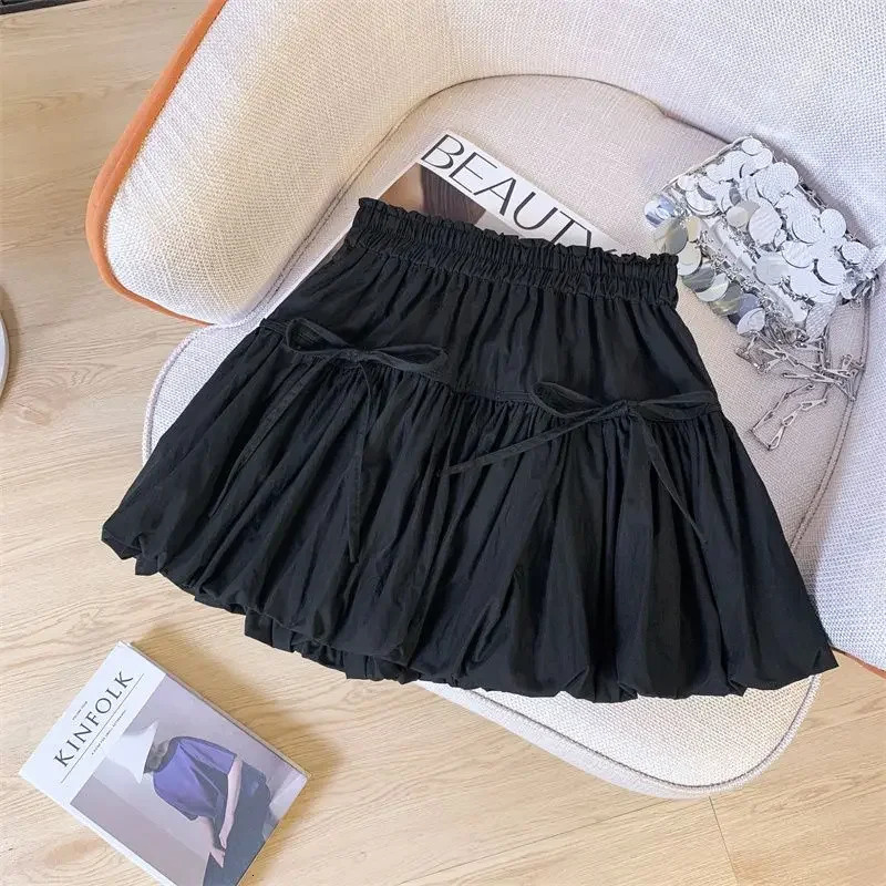 Ballet Style Bowknot A Line Skirt Women Korean Chic Elastic Waist Mini Skirts Woman Summer Pleated Puffy Short Shirt Female 250522