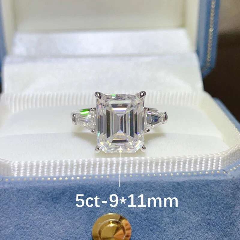 bxiny 5 10ct emerald cut all moissanite rings s925 silver baguette 3stone diamond women men gra certified wedding bands jewelry
