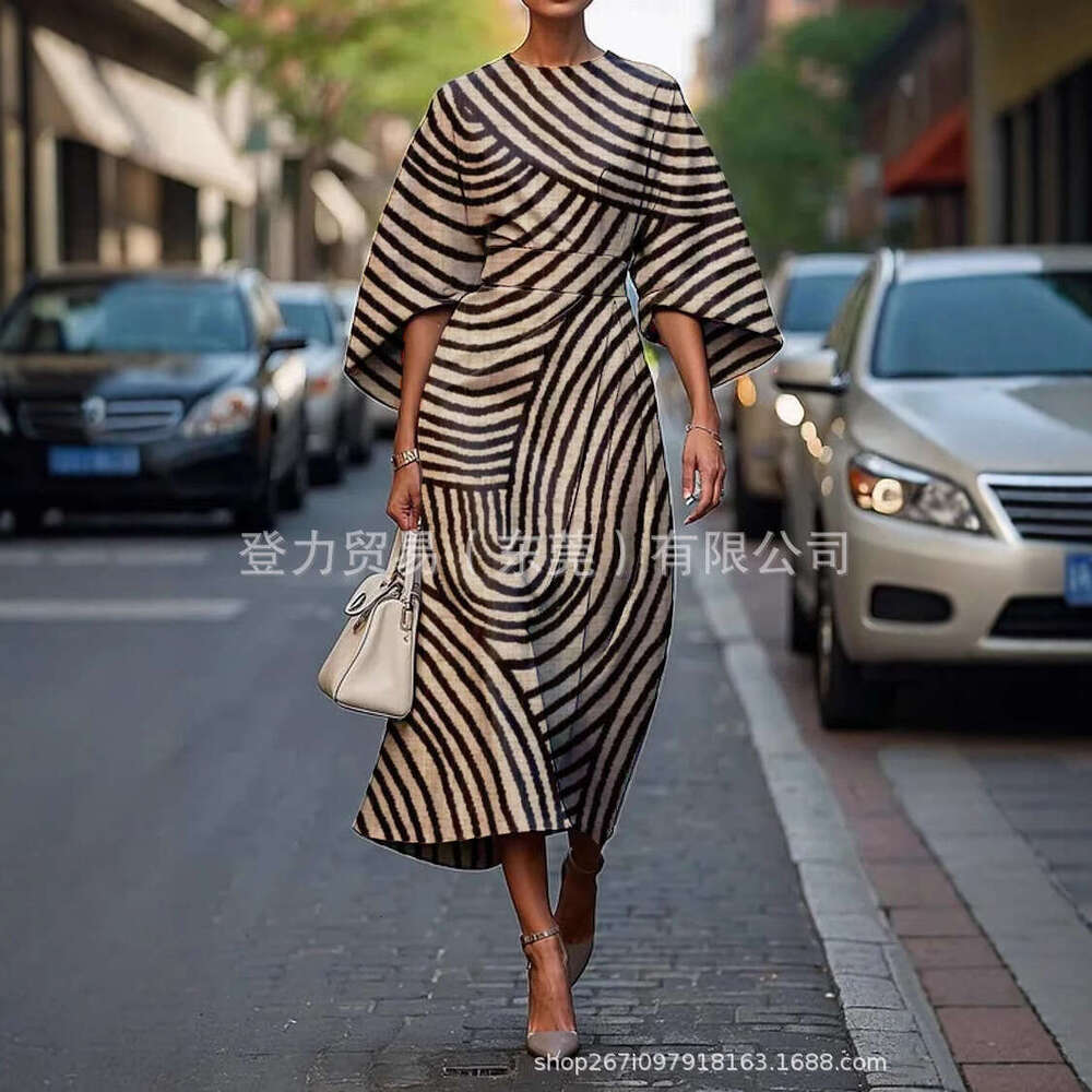 2025 Seven Cent Bat Sleeve Long Dress Abstract Irregular Art Elements Digital Printing