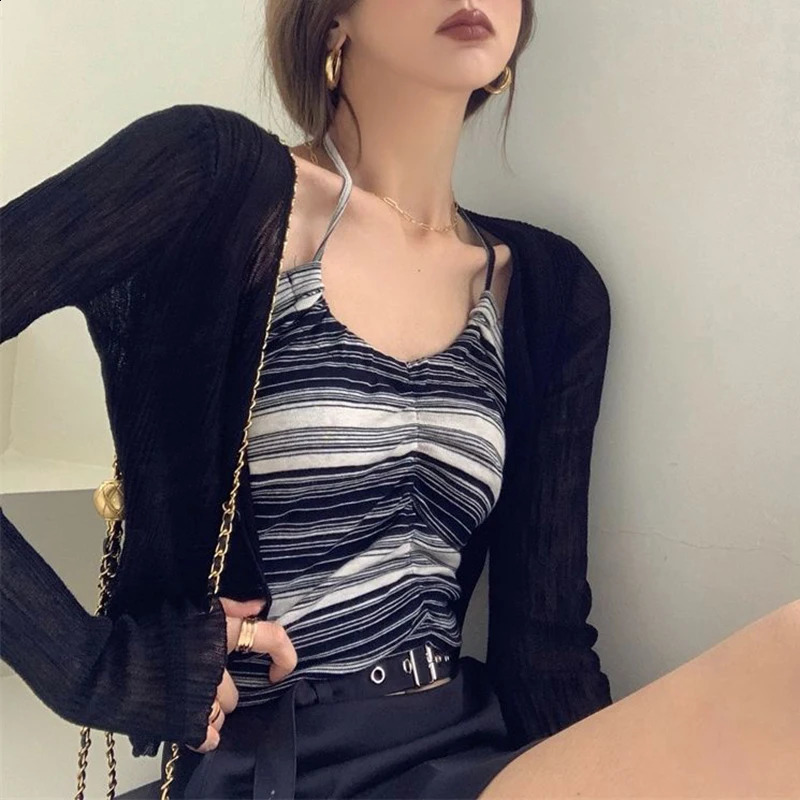 Rimocy Summer V Neck Cardigan Women Casual Transparent Sweater Shirts Woman Simple Thin Solid Color Outwear Female Crop Top 250516