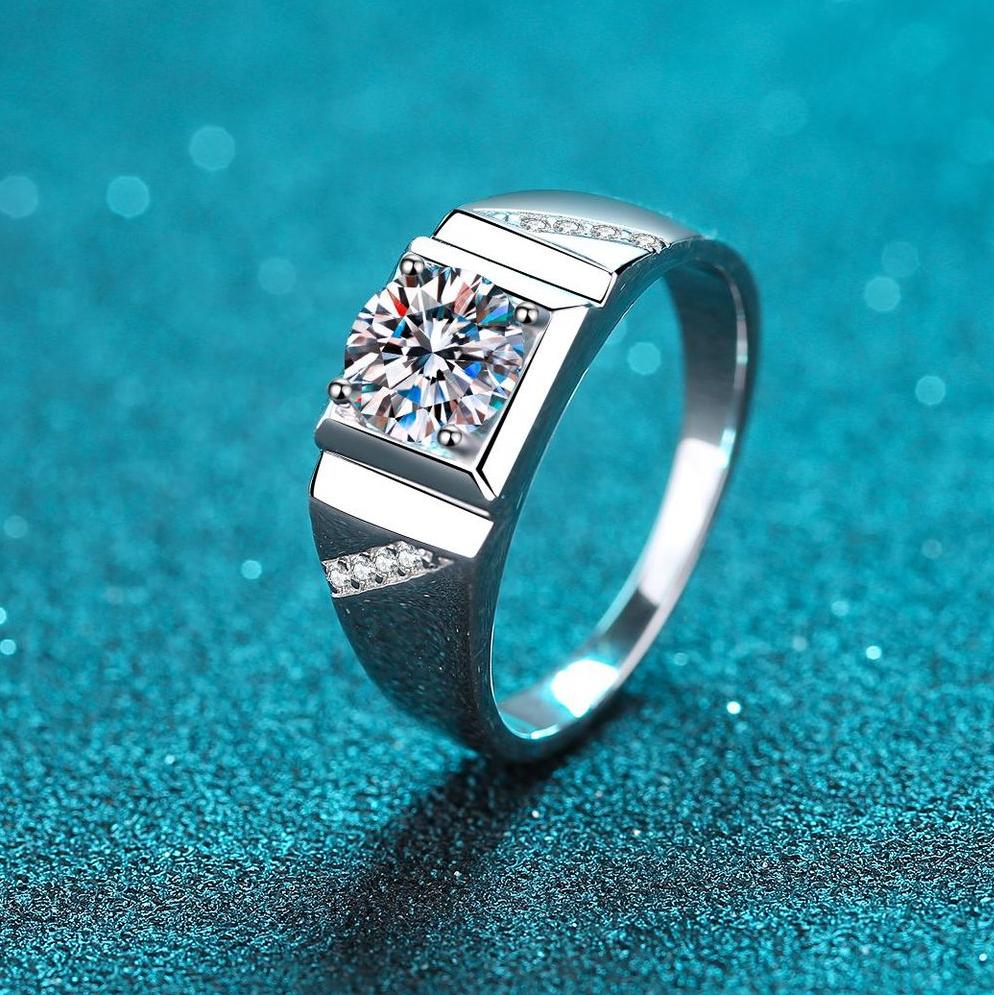 925 Sterling Silver Men's Ring with 1ct Moissanite Diamond, Elegant Design for Engagement or Special Occasions