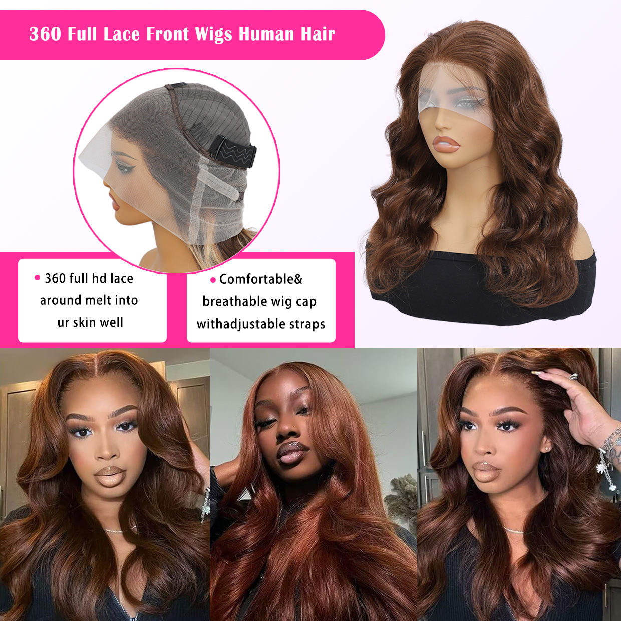 18 "-30" | 360 lace wig Body Wave human hair wig suitable for black women # 4 red brown pre pulled hairline natural baby hair