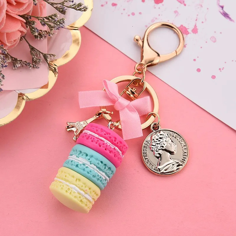 Lovely Macaron Cake Eiffel Tower Food Keychain Bowknot Car Keyring Bag Purse Pendant Food Cake Macaroon Key Chain 250522