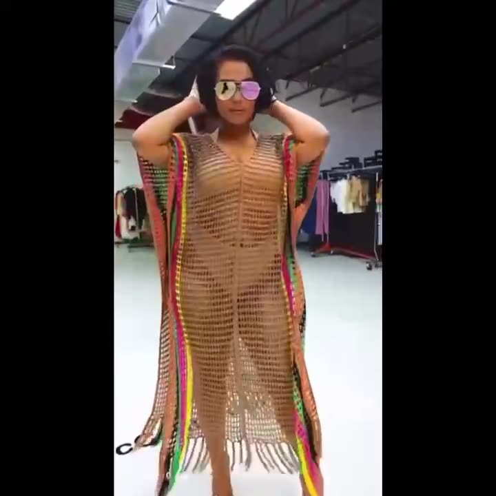 Summer New Women's Long Dress Sexy Wool Knitted Hand Hook Fringe Spliced Color Beachwear