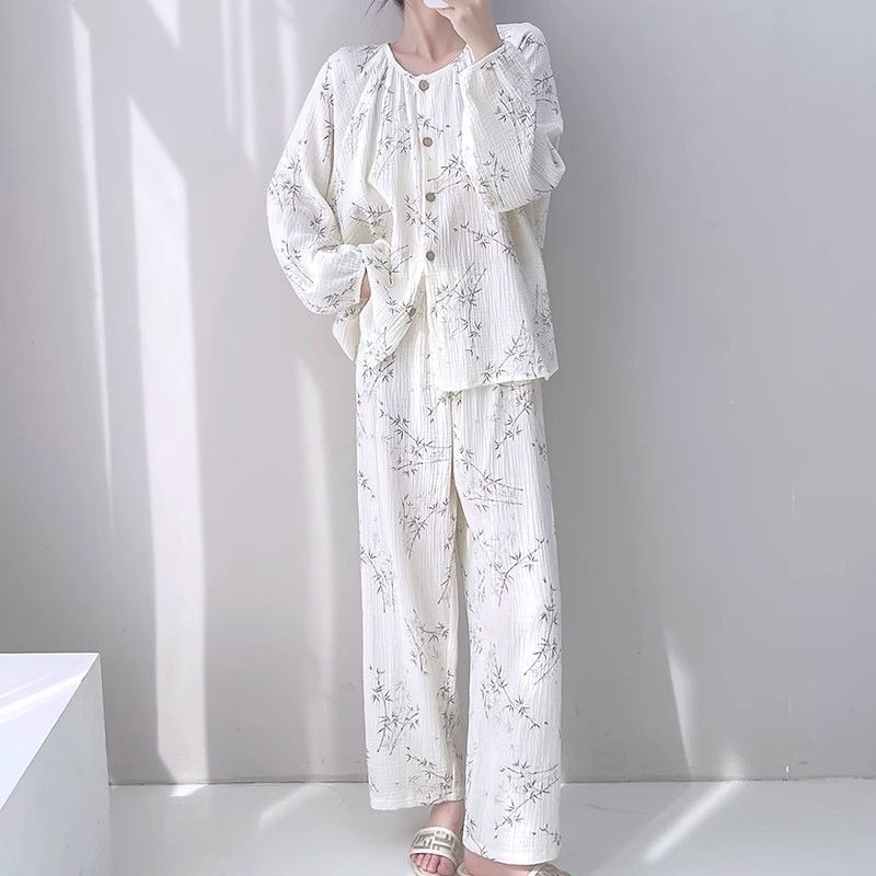 X179-New spring and summer women's cotton yarn Japanese pajamas double-layer gauze breathable casual home clothes suit nine points