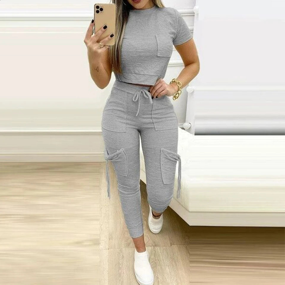 Sports Set for Women 2 Pieces Suit Plus Size Fitness Running Short Sleeved Top Pants Solid Workout Training Wear Clothing 250516Z