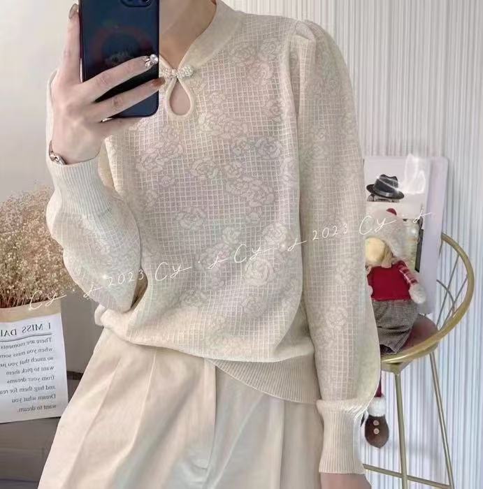 Cheongsam Collar Tikkun Long Sleeve Knit Bottom Shirt Loose Skinny Sweater