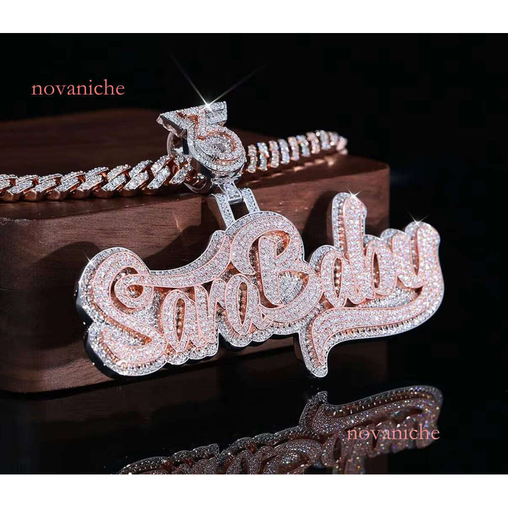 9K- Gold Men's CVD Dia Pendant Set Hand-Set Baguette & Bow Lab-Grown Pendants Solid Letter Chain