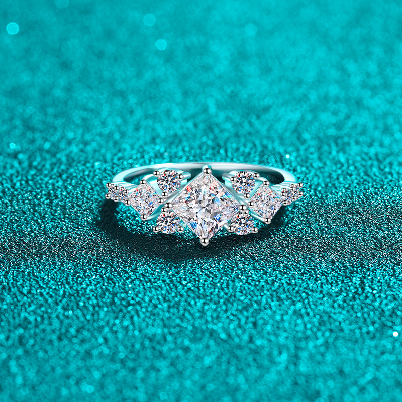 S925 Silver Moissanite Ring with Geometric Square Design - Elegant Luxury Engagement Ring for Women
