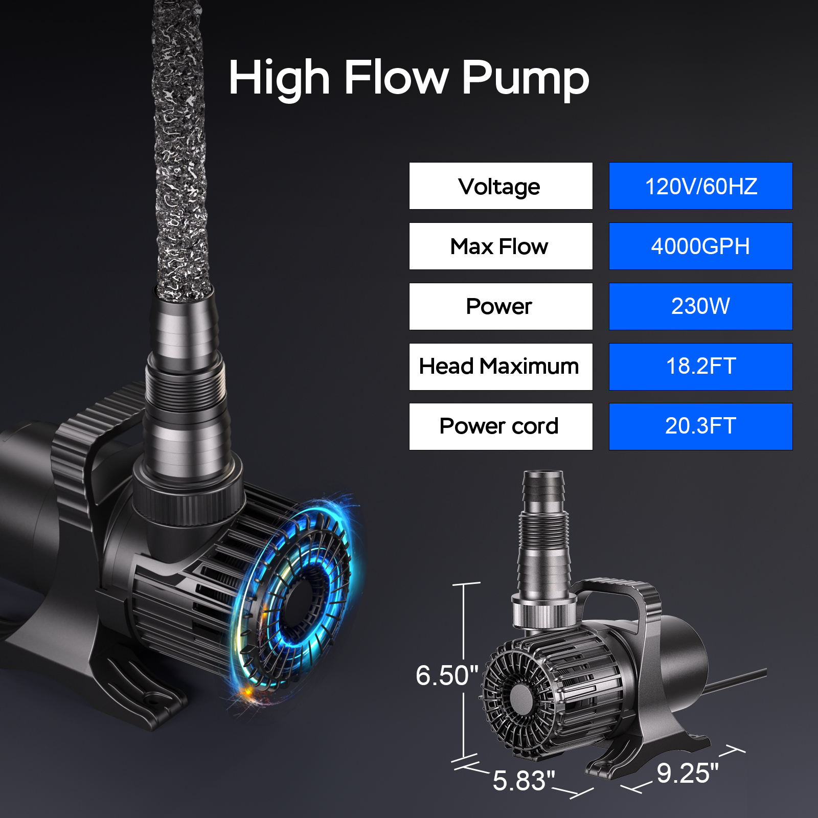 (4000GPH-230W,UL listed) Large Fountain Submersible Water Pond Sump Pump Aquarium Electric Waterfall Pump Outdoor PS- 4000