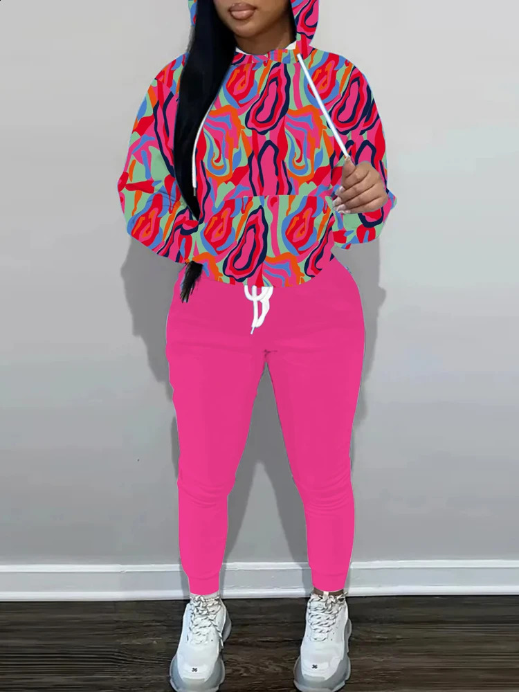 Plus Size 2025 Hooded Loose Top Solid Colour Tie Trousers Polyester Suitable for Outdoor Sports 250516Z