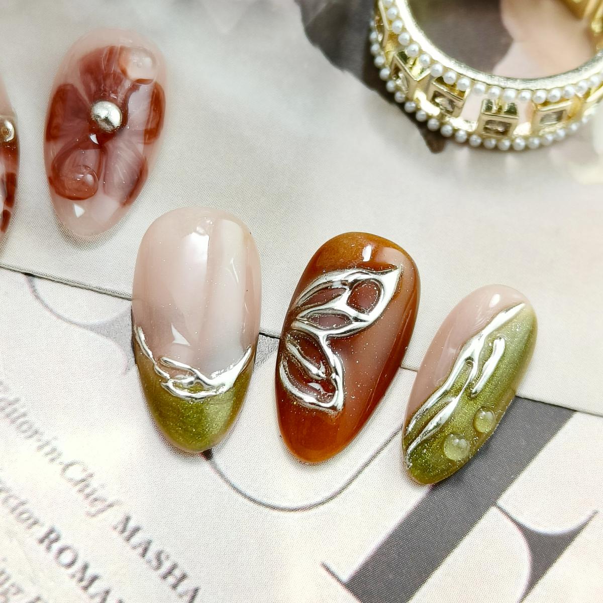 10pcs Handmade Press-on nails Short Almond Nails Hand drawn 3D Fake nails Bundle Sweet Flowers Butterfly Finished nail stickers Free storage box jelly