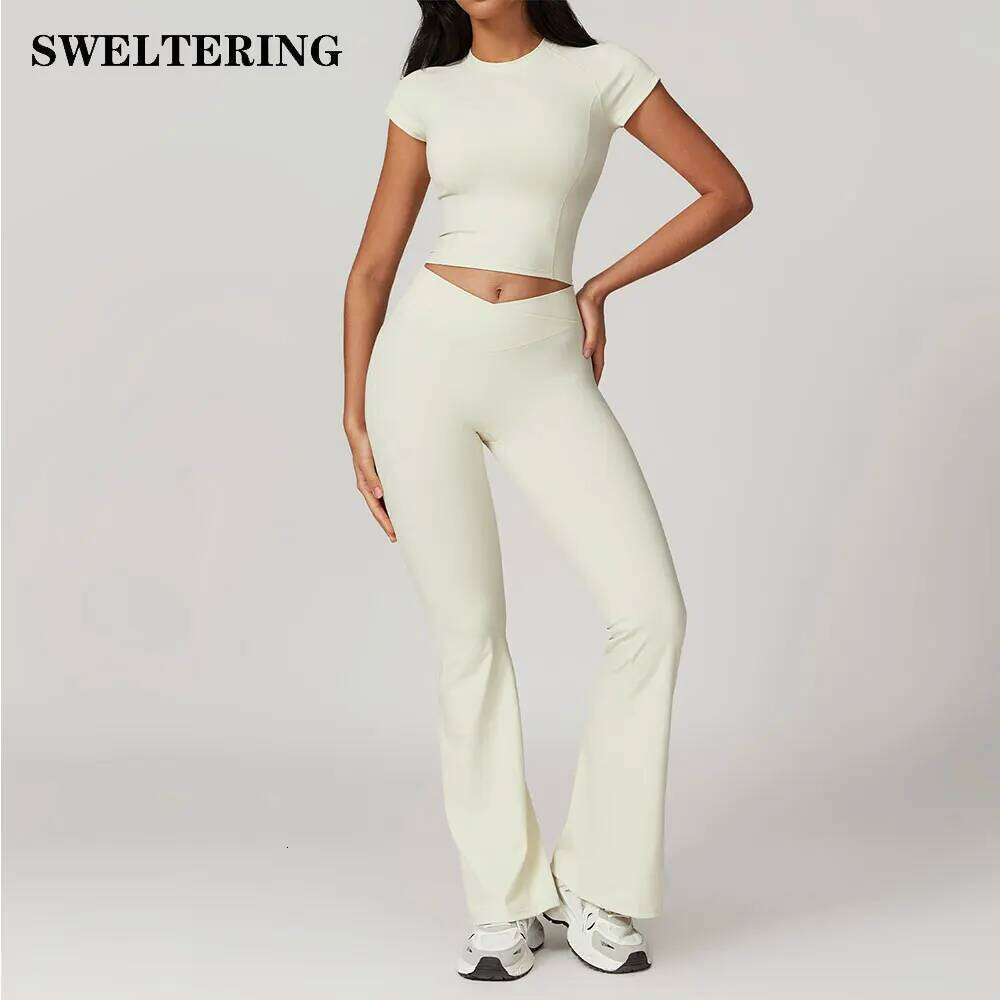 Women's 2PCS Gym Yoga Suit Tight Fitting Sports Set Workout Breathable T Shirts Bra Short Sleeve Crop Top Bell-bottoms Leggings