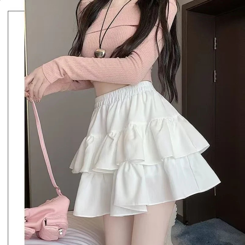 Korean Chic Y2K Sweet Girls White Princess Mini Skirt Balletstyle Tiered Elastic High Waist Cake Shorts Allmatch 250513Z