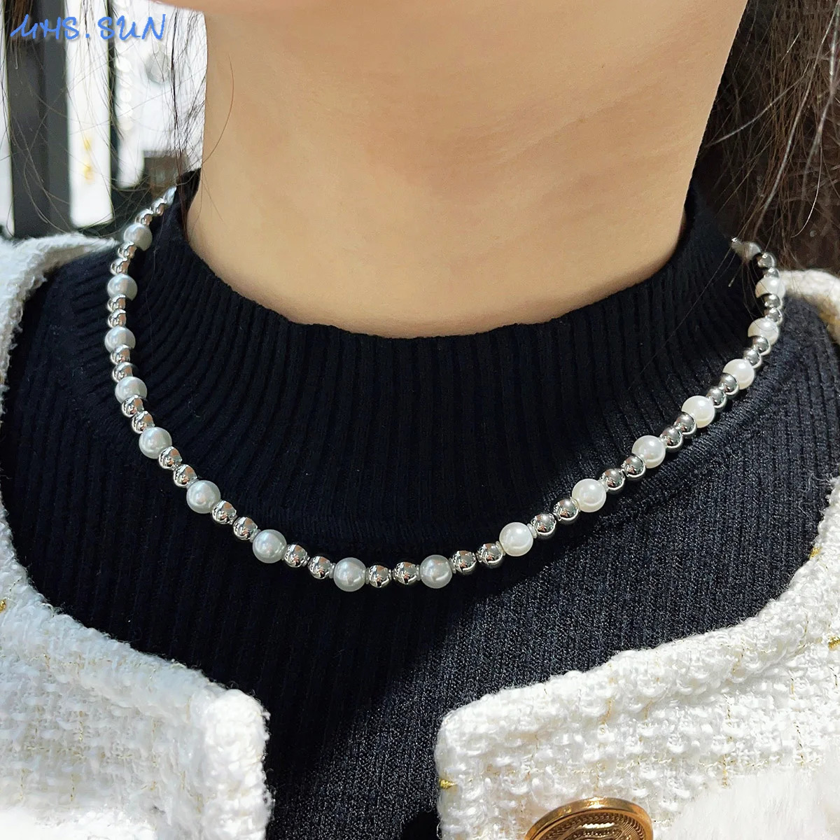 MHS.SUN Fashion Stainless Steel Gold Color Ball Beaded Pearl Necklace 4/6/8/10MM Metal Beads Adjustable Jewelry for Women Men 250522