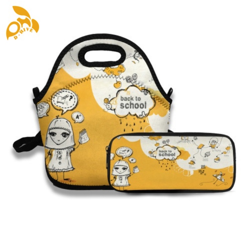 Free delivery. Fashion designers customize lightweight high-quality white black meal bag and pen case sets.