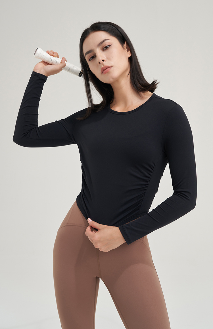 Side Waist Elastic Wrinkle Sports Long Sleeve Yoga Outfits Tops Slim Skin Nude Feeling Solid Color Casual Suit Shirt Gym Clothes Women