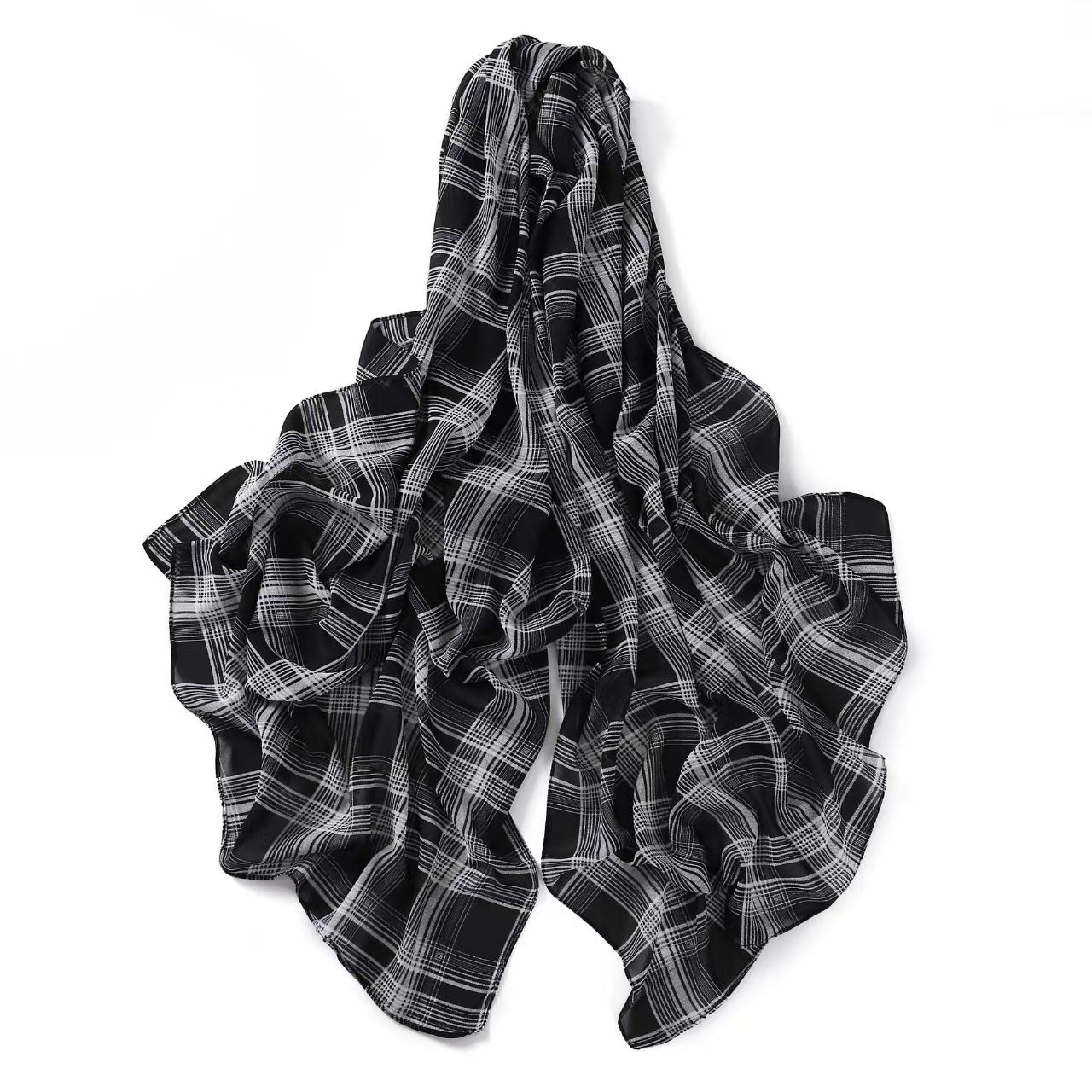 T774 plaid series printed scarf pearl chiffon beads long scarf shawl gauze scarf thin sunshade headscarf shawl silk scarf female